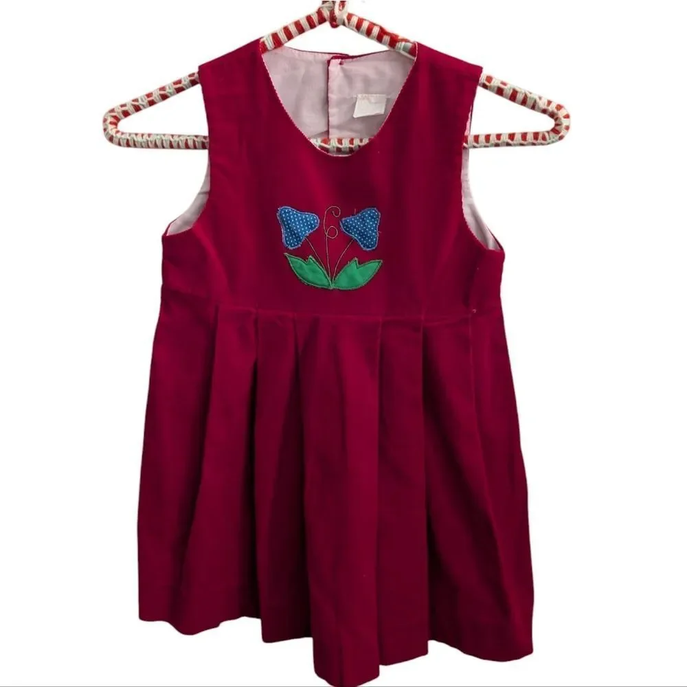 70s Vintage Girls Red Corduroy Mushroom Embroidered Floral‎ Dress